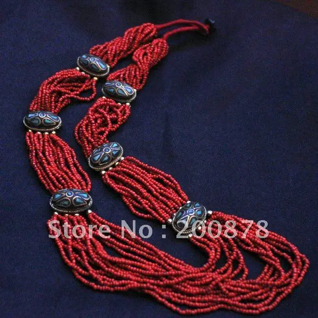 

TNL252 Tibetan red coral color mini beads brass charms long necklace Nepal ethnic BOHO fashion,no MOQ