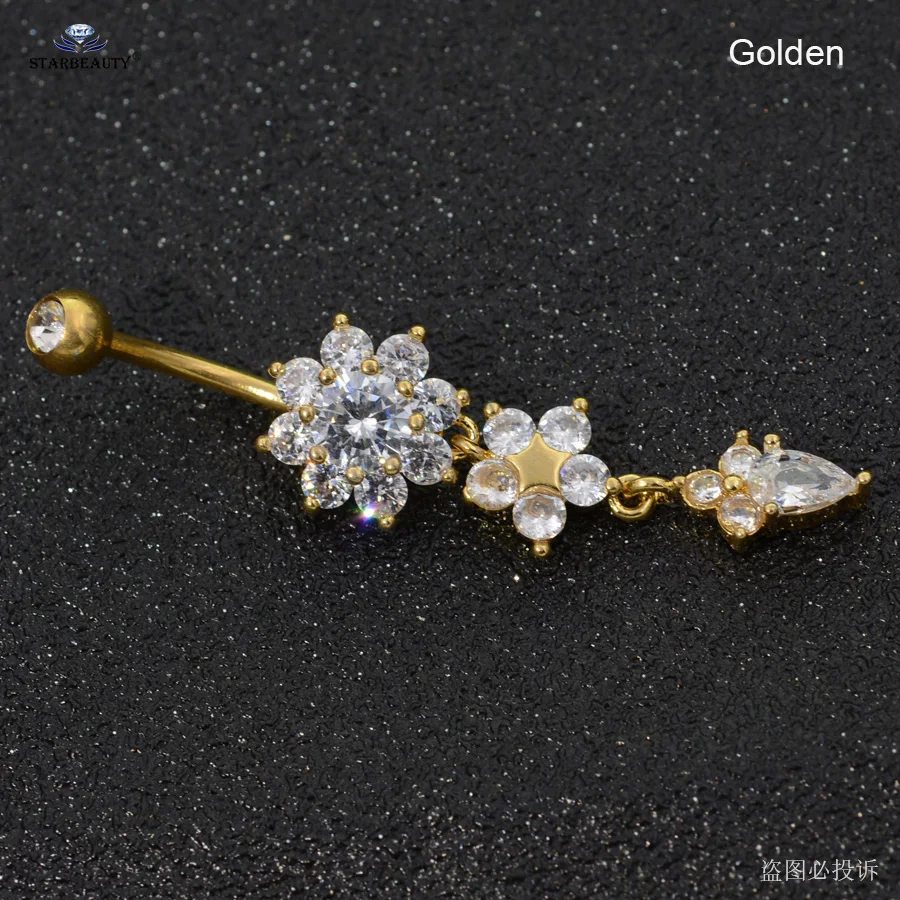 Starbeauty 1pc Crystal Ball Dangle Belly Bars Flower Piercing Rose Gold Earrings Button Rings Navel Nombril | Украшения и