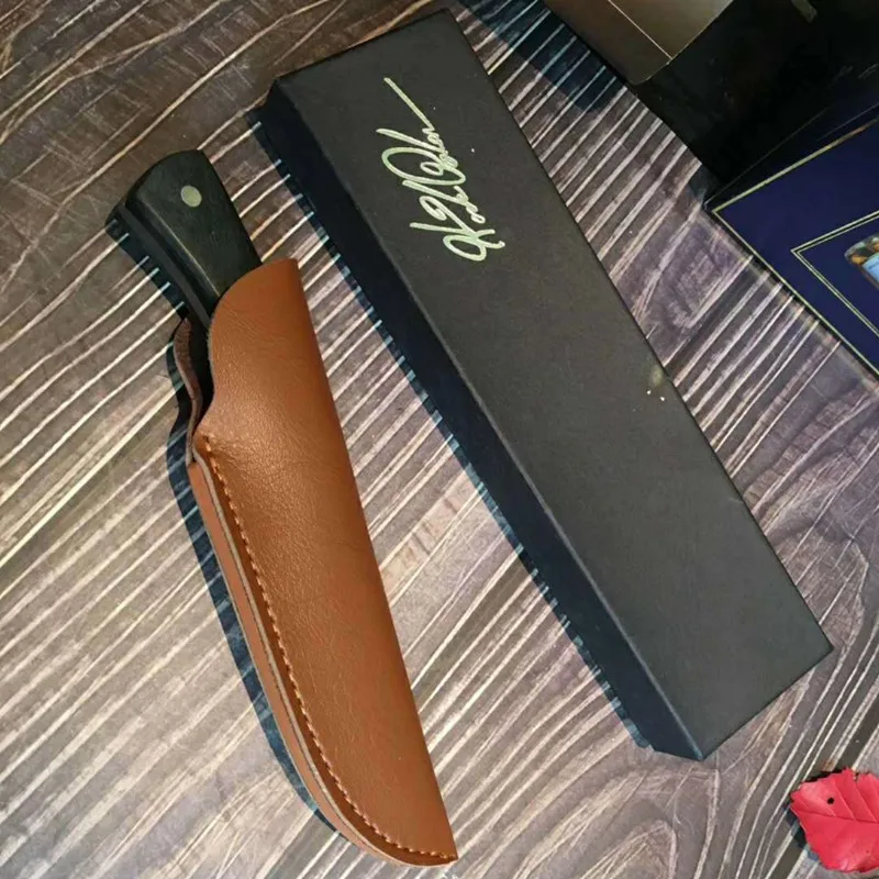 Прямой кованый нож ручной работы из дамасской стали с узором охотничий для