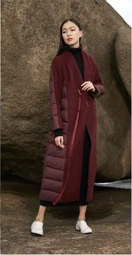 wine red Длинные парки женские высококачественные шерстяные куртки с белым утиным пухом женские теплые шикарные пуховые пальто европейские женские большие парки - Цвет: wine red