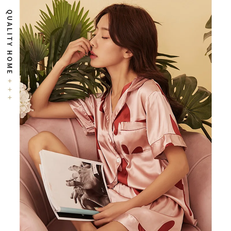 Smmoloa женская пижама атласная Шелковая с принтом мягкая коротким рукавом Домашняя