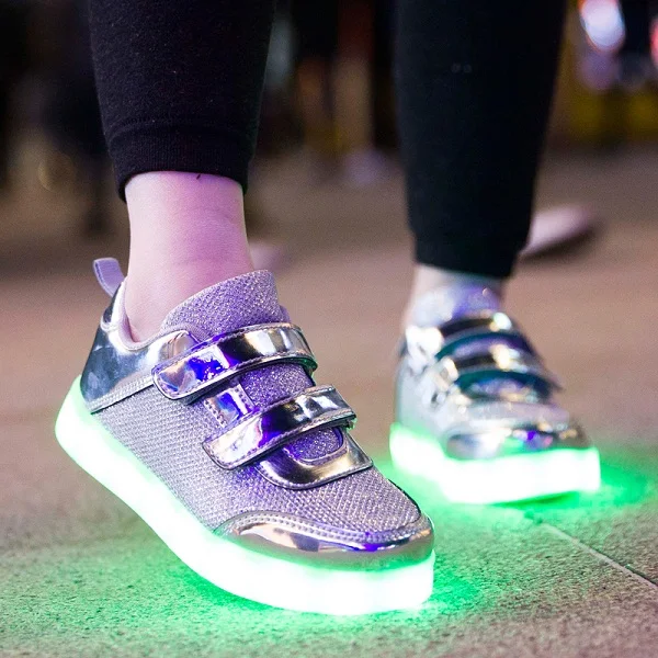 25-37 размер usb зарядка корзина Led детская обувь с светильник детская повседневная обувь для мальчиков и девочек светящиеся кроссовки светящаяся обувь розовое золото - Цвет: Silver