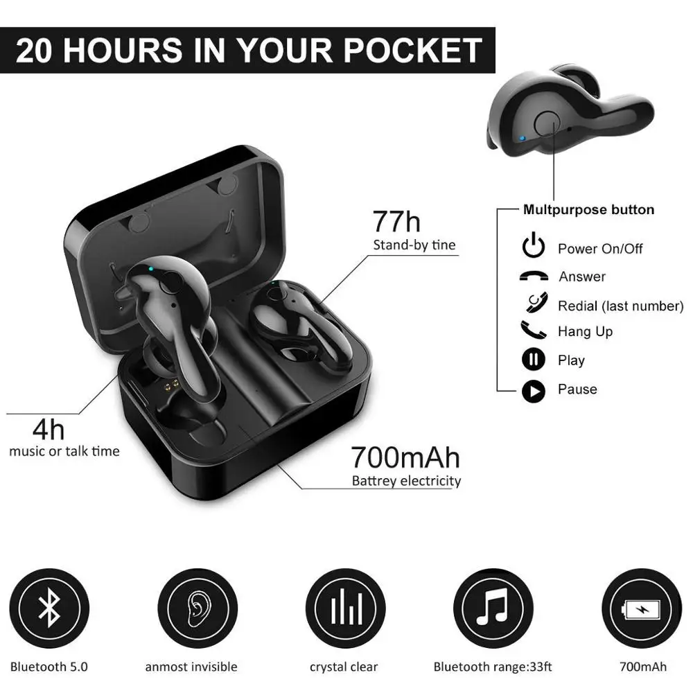 Aminy True Беспроводной наушники bluetooth V5.0 глубокий бас HD стерео вкладыши Наушники с