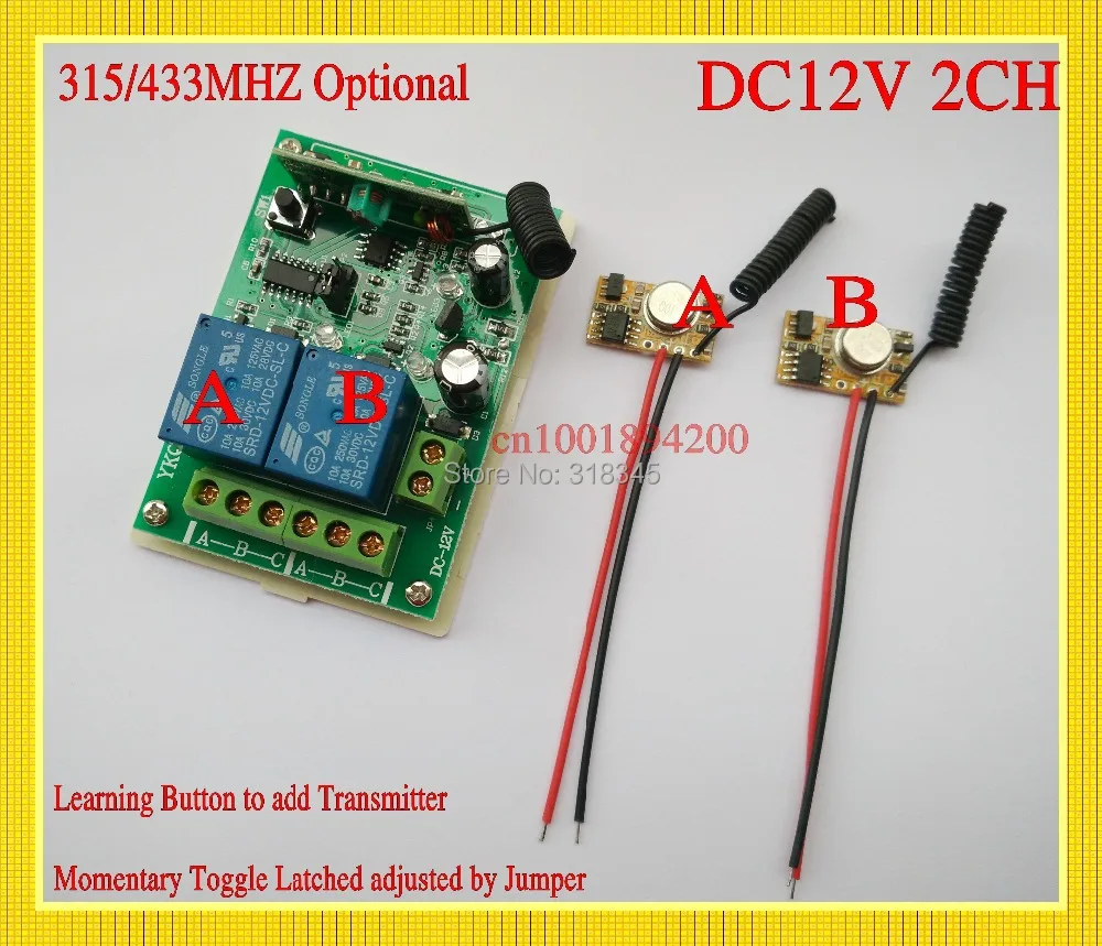 

DC 12V 2CH Relay Receiver 2 Transmitter PCB Module Power ON Transmitting DC3V-12V Mini RemoteTransmitter315/433 Momentary Toggle