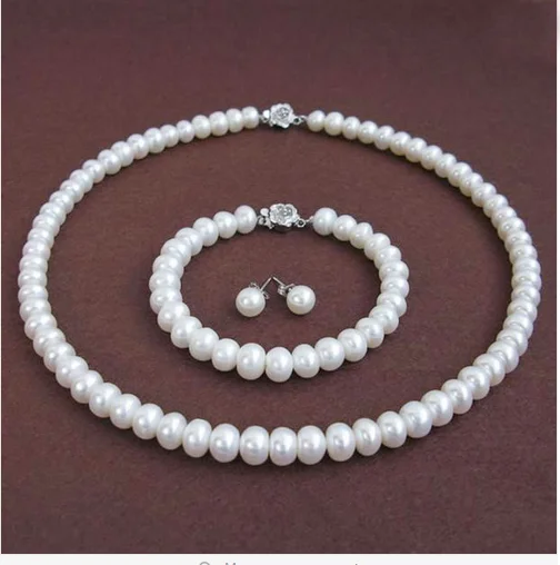 

Свадебный женский ювелирный комплект из белого жемчуга 9-10 мм AAA ожерелье из натурального пресноводного жемчуга браслет серьги розы застежк...