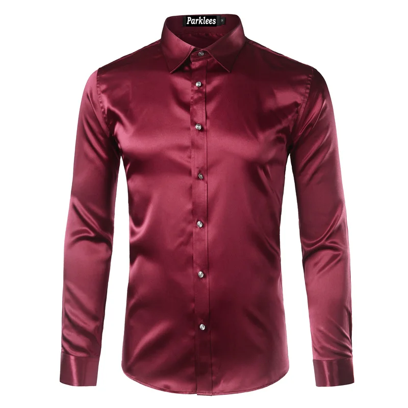 Новинка, Золотая шелковая атласная рубашка для мужчин, Chemise Homme,, модная мужская приталенная рубашка с длинным рукавом, имитация шелковой пуговицы, красная рубашка