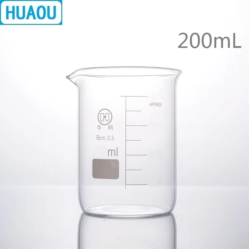 

HUAOU 200mL Glass Beaker Low Form Borosilicate 3.3 Glass with Graduation and Spout Measuring Cup Laboratory Chemistry Equipment