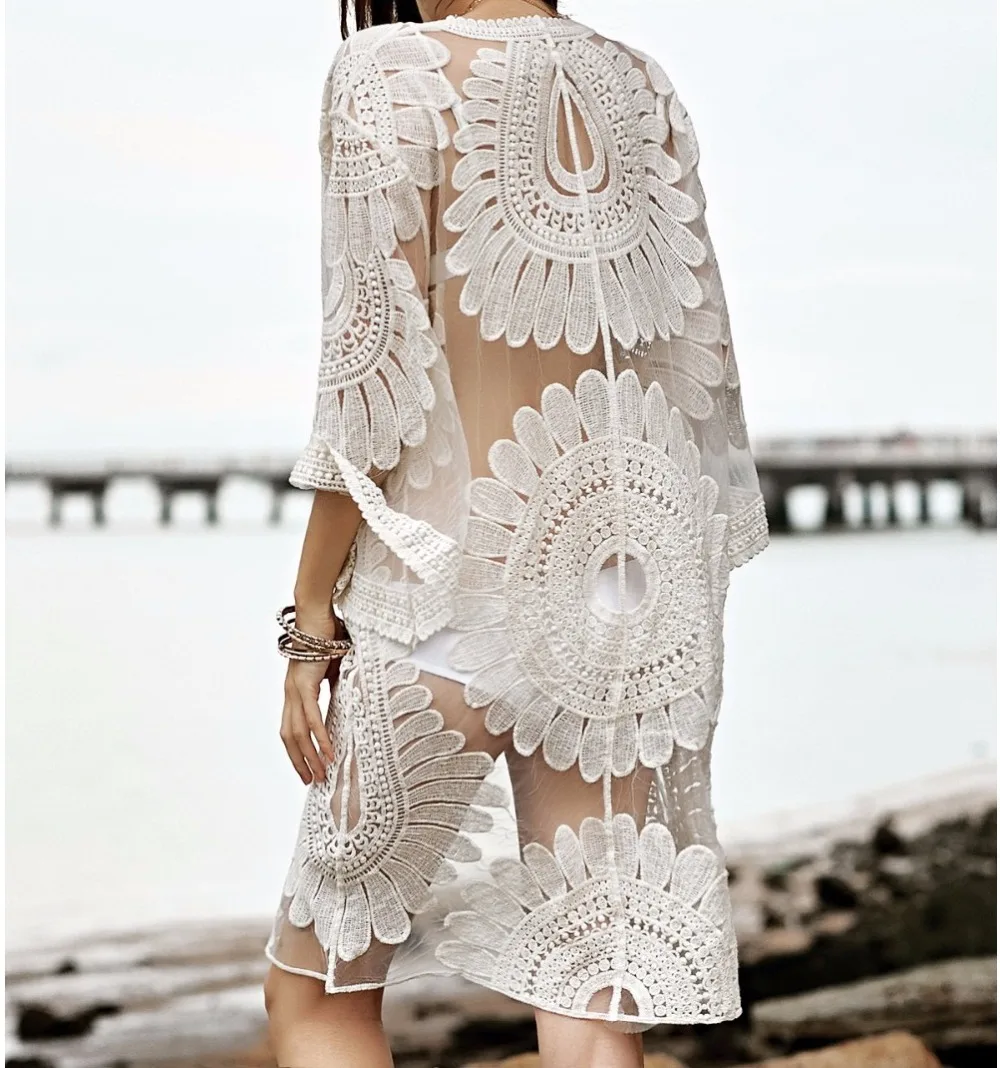 Белая кружевная блузка кимоно Новинка лета 2019 Модное Длинное с вышивкой кардиган