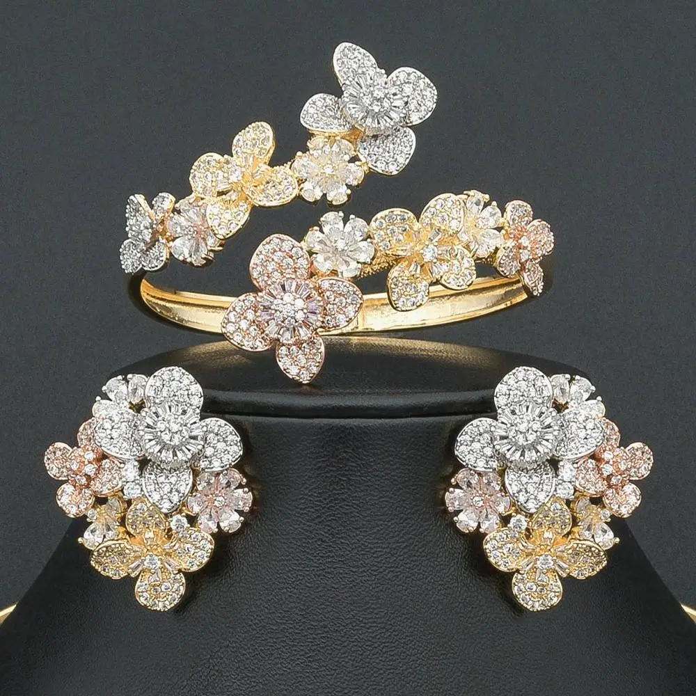 ModemAngel роскошный нежный цветок Полный AAA Фианит 3 тона медное ожерелье браслет