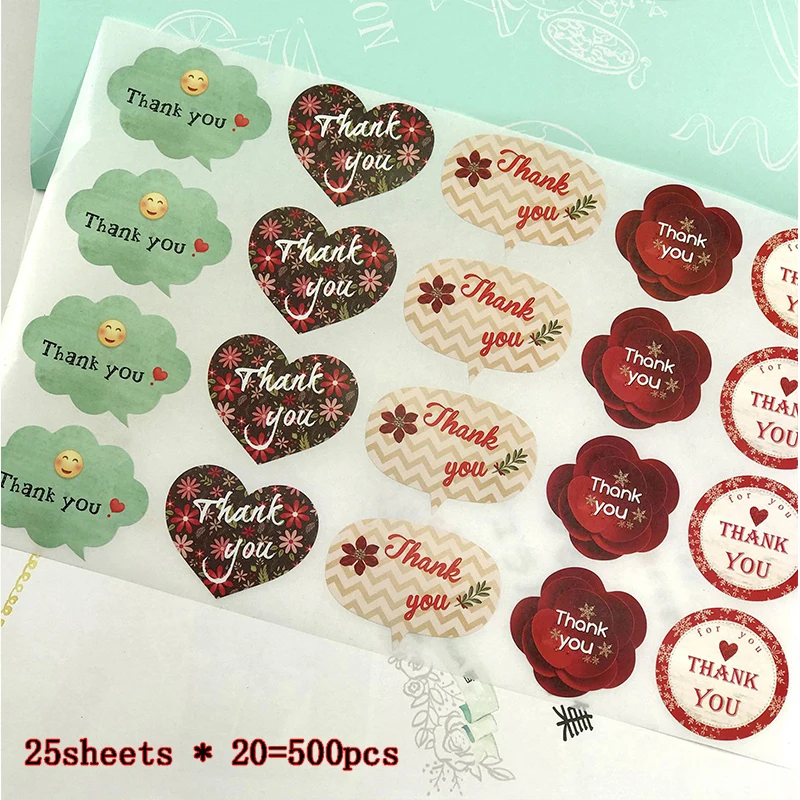 J 500pcs for 25sheet 600 шт/рулон, наклейки с надписью «Love Heart Thank You», этикетки для печати, декорированные цветами, Уплотнительная паста для упаковки подарков, офисные школьные принадлежности - Цвет: J 500pcs for 25sheet