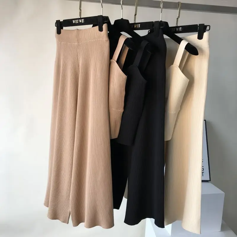 ALPHALMODA без рукавов Вязанный жилет+ трикотажные широкие брюки женские летние 2 шт повседневный комплект однобортный наряд брюки костюмы