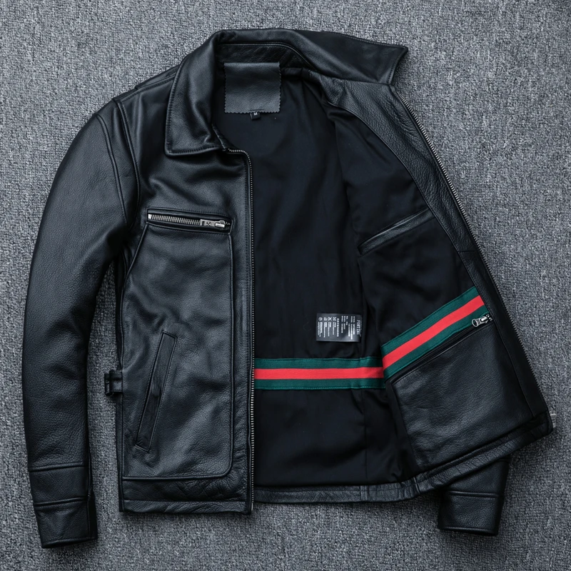 Мужская кожаная куртка черная приталенная из 2019 натуральной воловьей кожи в