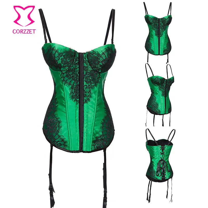 Зеленый атлас бюстье с кружевной аппликацией Underwire чашки Push Up обвалки корсет