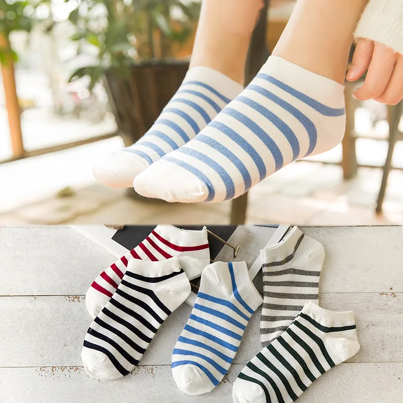 10 pieces = 5 pairs new spring and summer socks women stripe shallow mouth socks Cotton antiskid stealth women socks slippers