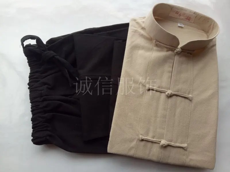 beige black Китайские мужские одноцветные Костюмы кунг-фу размера плюс, хлопок, свободные комплекты Wu Shu Tai Chi, куртка и брюки, M L XL XXL 3XL 4XL, YZT090610 - Цвет: beige black