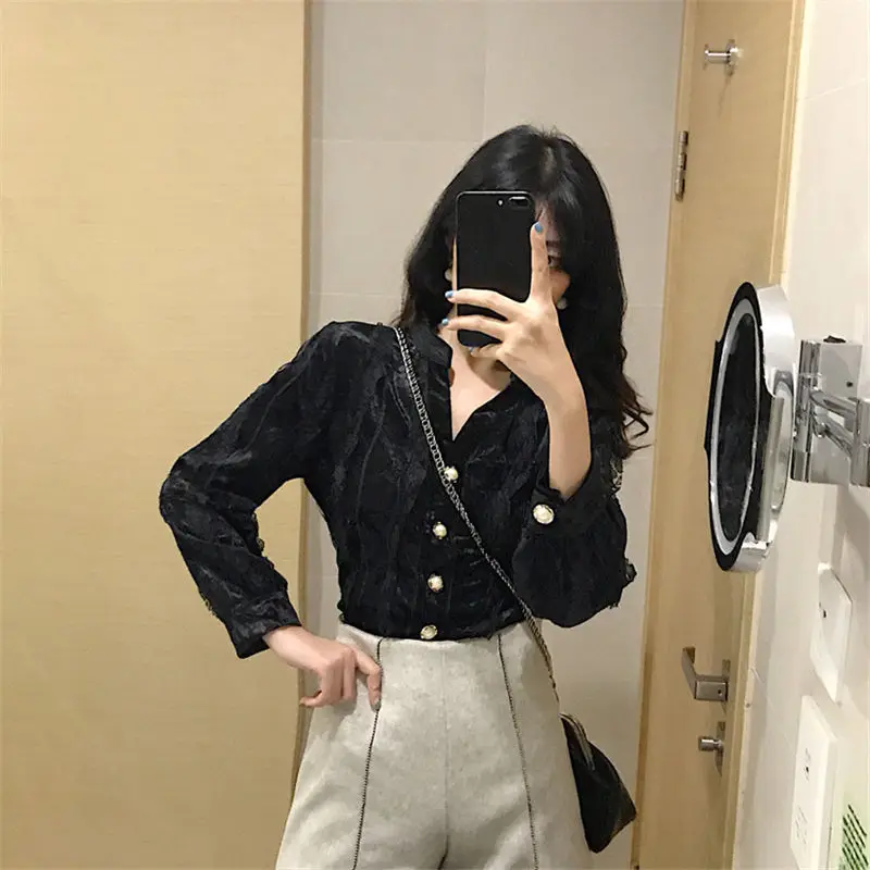 Hzirip 2019 Retro Fashion Spring Autumn Loose Casual Blouse Female Tops Sweet Vintage Pearls High Quality Sexy Single Breasted | Женская