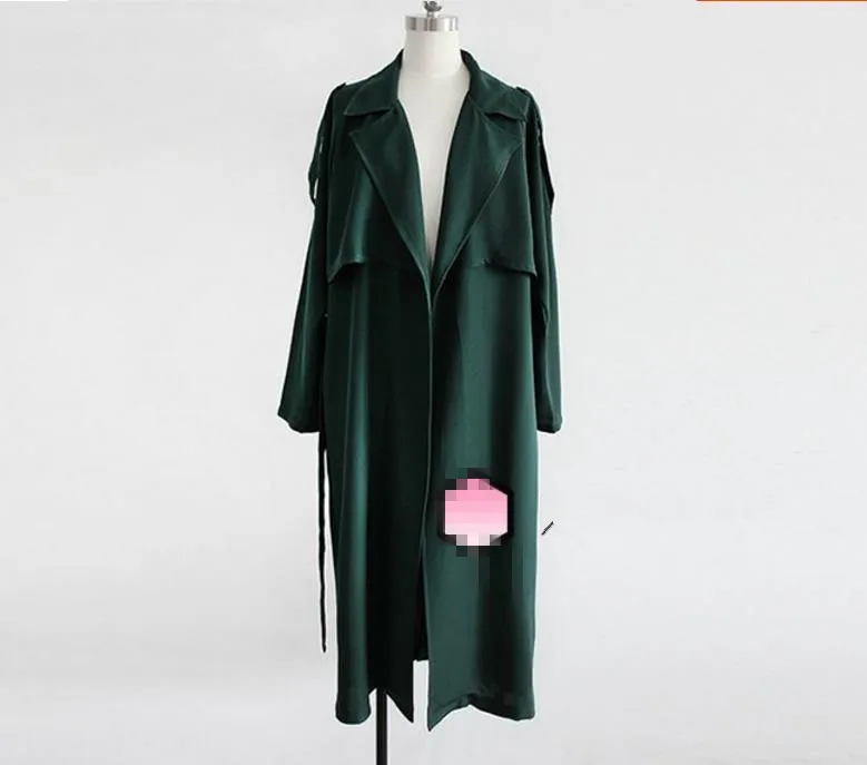 

2020 Spring autumn Long Women bf styleTrench Coat Causal Waist Belt thin Green windbreaker Coat
