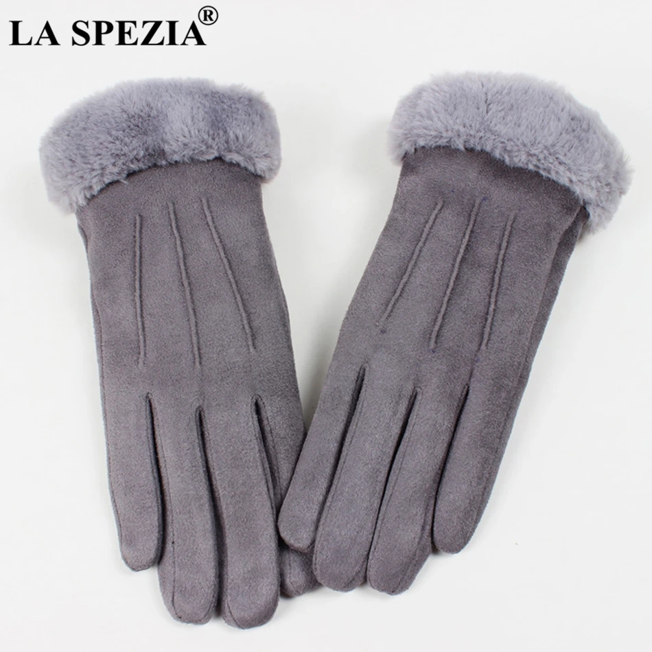 gray gloves LA SPEZIA, зимние женские перчатки, розовые, замшевые, кожаные, теплые, с мехом, для девушек, байкерские, для вождения, с сенсорным экраном, варежки, серые - Цвет: gray gloves