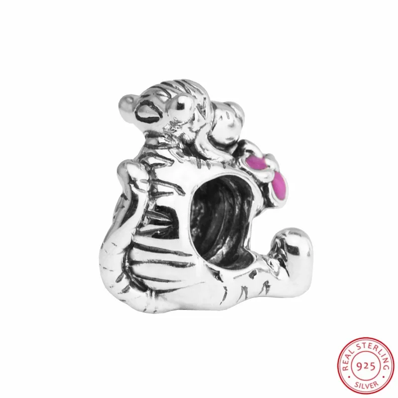 Desney Tigger Hold розовые эмалированные бусины с цветами для женщин Изготовление ювелирных изделий DIY Fit PANDORA Подвески Серебро 925 FL533