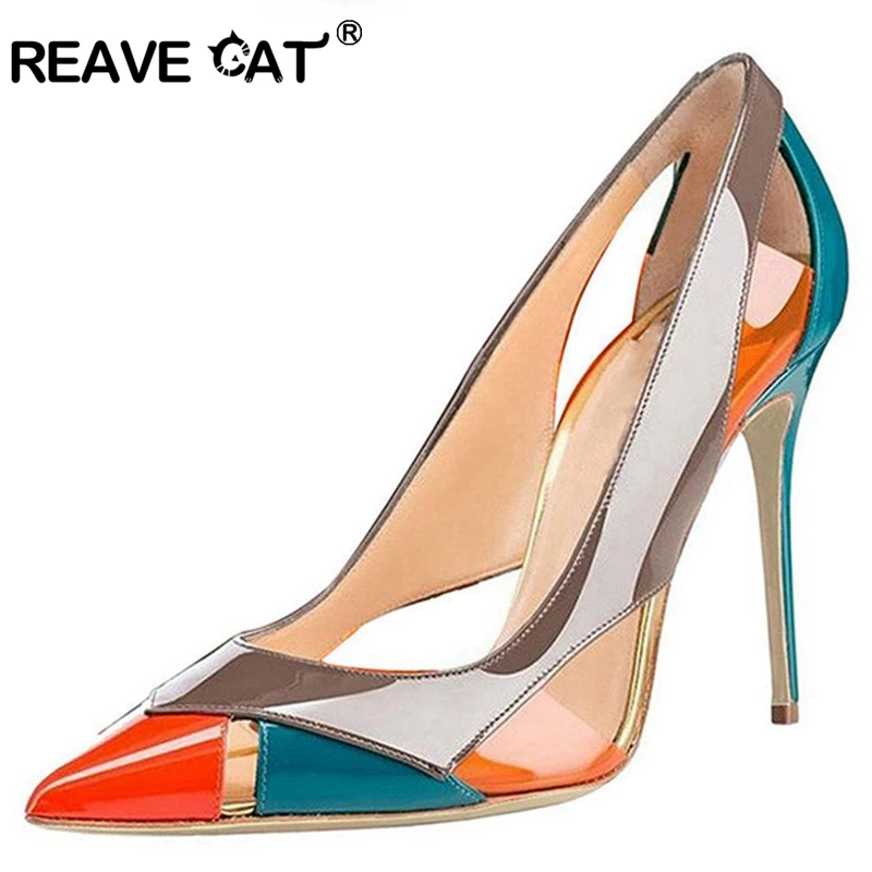 REAVE CAT/обувь; женские туфли-лодочки; женская обувь на высоком каблуке; сезон весна-лето; лакированная кожа; блестящие туфли с острым носком на тонком каблуке в стиле пэчворк; A1787