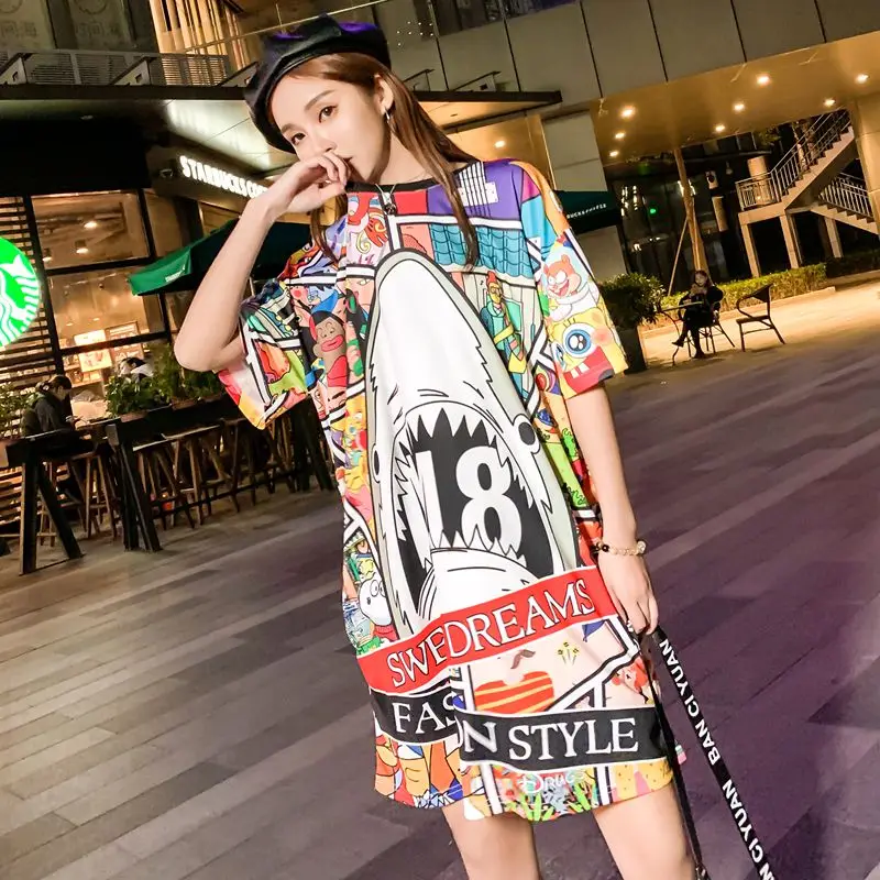 

Summer dress Thai tide street half sleeve loose short-sleeved T-shirt female long section cartoon graffiti print wild dress