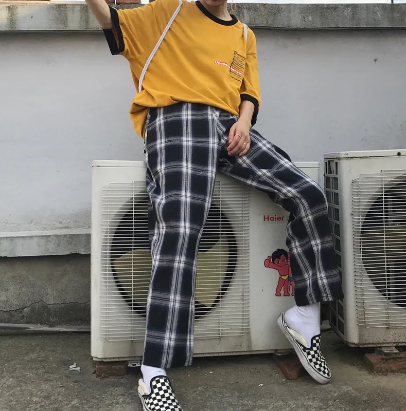 Женские брюки в Корейском стиле INS Harajuku свободные длинные клетку со средней