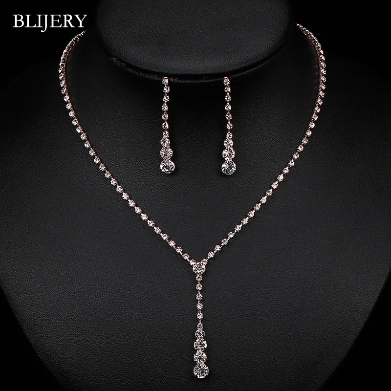 Женский комплект из колье и серёг розовое золото стразы с кристаллами набор