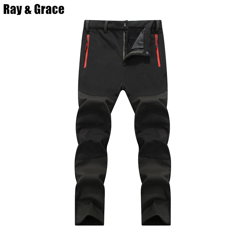 Gray RAY GRACE, зимние толстые походные брюки для мужчин, уличные треккинговые горные альпинистские спортивные брюки, мягкая оболочка, термо флисовые брюки - Цвет: Gray