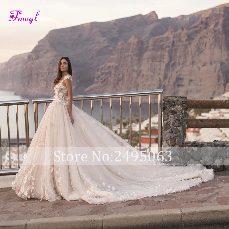 Vestido de Noiva с глубоким круглым декольте расшитые бисером цветы трапециевидной формы свадебные платья Великолепные Аппликации корт Поезд Кружева Свадебное платье принцессы