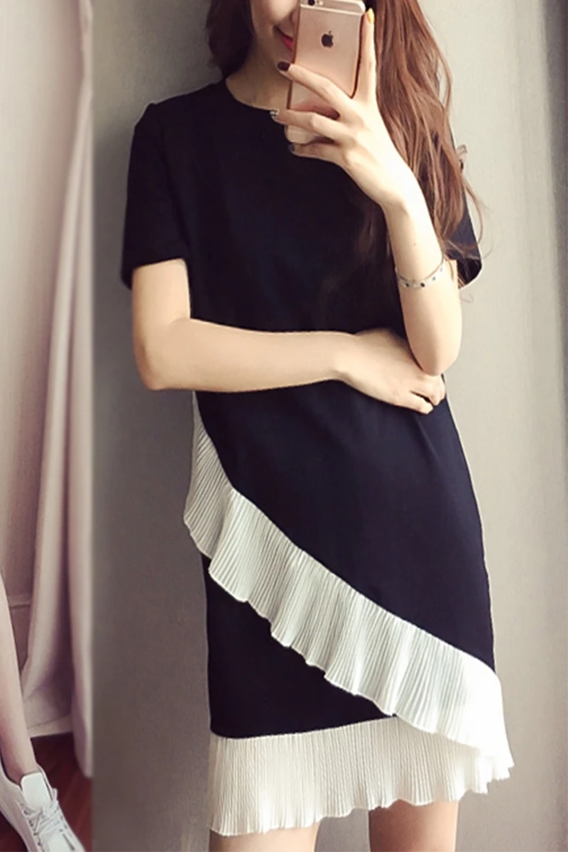 Mozhini Black color Fashion summer dress big size chiffon ruffles loose student style Club Party Dress Shirt vest | Женская одежда