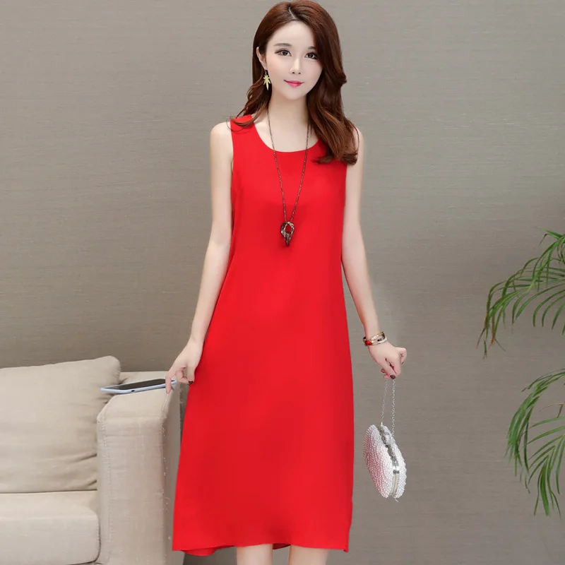 Casual Summer A Line Chiffon Dress Plus Size O Neck Knee Length Sleeveless Elegant Royal Blue Party Solid Colors | Женская одежда