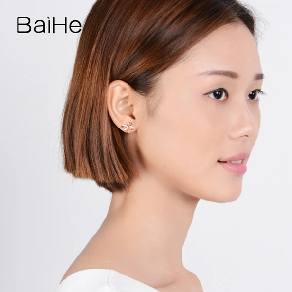BAIHE Solid 14K розовое золото 0.14ct H/SI натуральные бриллианты обручальные модные ювелирные изделия Элегантные уникальные подарочные серьги-гвоздики с бантом