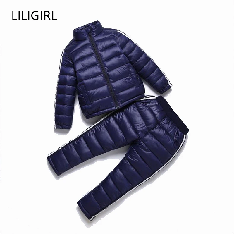 LILIGIRL/хлопковая Спортивная одежда для мальчиков и девочек, комплект одежды для детей, зимний пуховик+ штаны, комбинезон, костюм Новинка года, детский зимний комбинезон