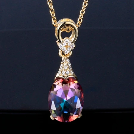 Mystic Topaz Стерлинговое серебро 925, ювелирное ожерелье s для женщин, капля воды, аквамарин, кулон, ожерелье золотого цвета, свадебные, Помолвочные, вечерние, подарки - Gem Color: Mystic Topaz