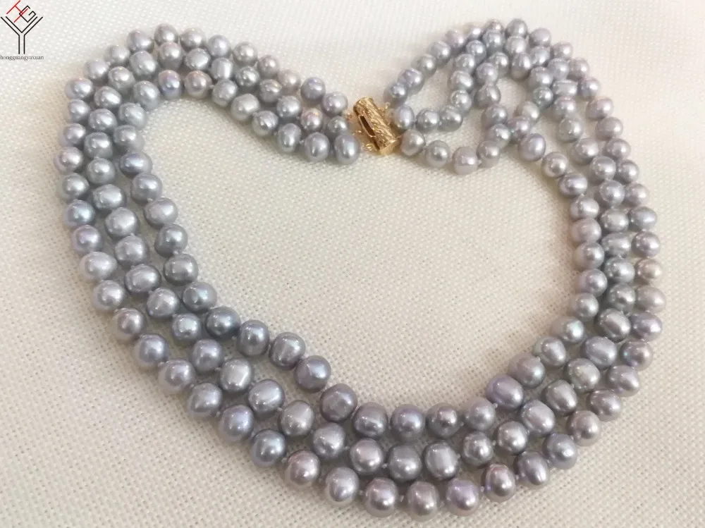 Women Jewelry 3 rows necklace 8mm gray pearl beads handmade natural freshwater cultured | Украшения и аксессуары