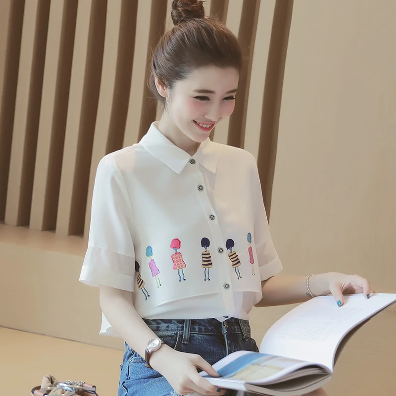 2017 Новое лето шифон женщины рубашка повседневная Мультфильм печати блузки