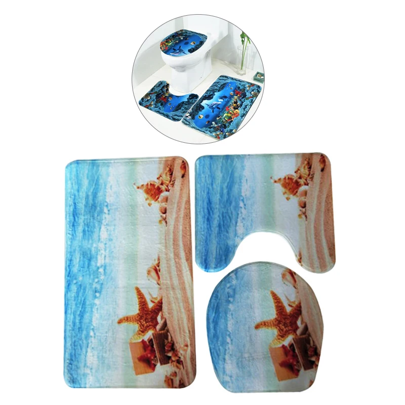 

3Pcs Bathroom Mat Set Ocean Underwater World Anti Slip Kitchen Bath Mat Coral Flannel Floor Mats Washable Bathroom Toilet Rug