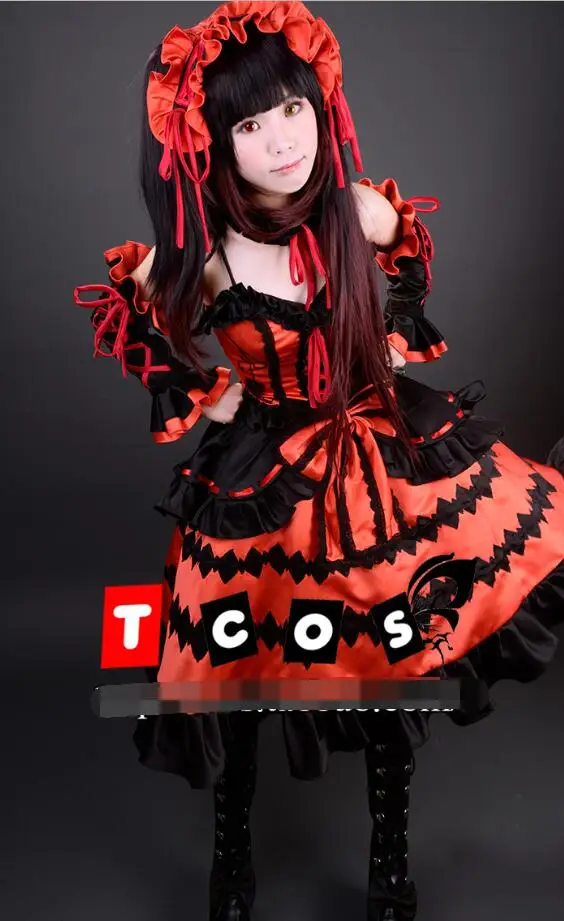 

Новый Популярный Косплей Cos Tokisaki Kurumi из аниме свидание прямая трансляция полный комплект на Хэллоуин 4 в 1 (платья + головные уборы + украшения для шеи + бант-kn