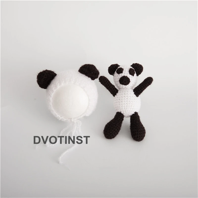 Dvotinst Baby Newborn Photography Props Panda Fox Hat+Doll 2pcs Set Crochet Knit Fotografia Accessories Studio Shoots Photo Prop | Детская