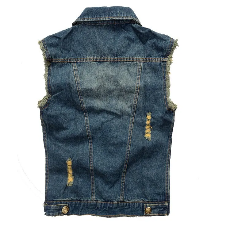 Модные мужские джинсы для мотоциклистов Жилет Темно-Синие рваные потертые Slim Fit