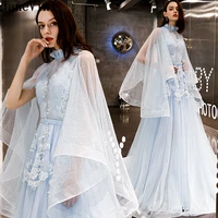 janevini princess light sky blue prom dresses arabic long mesh bridesmaid dresses high neck lace party gown robe demoiselle 2019