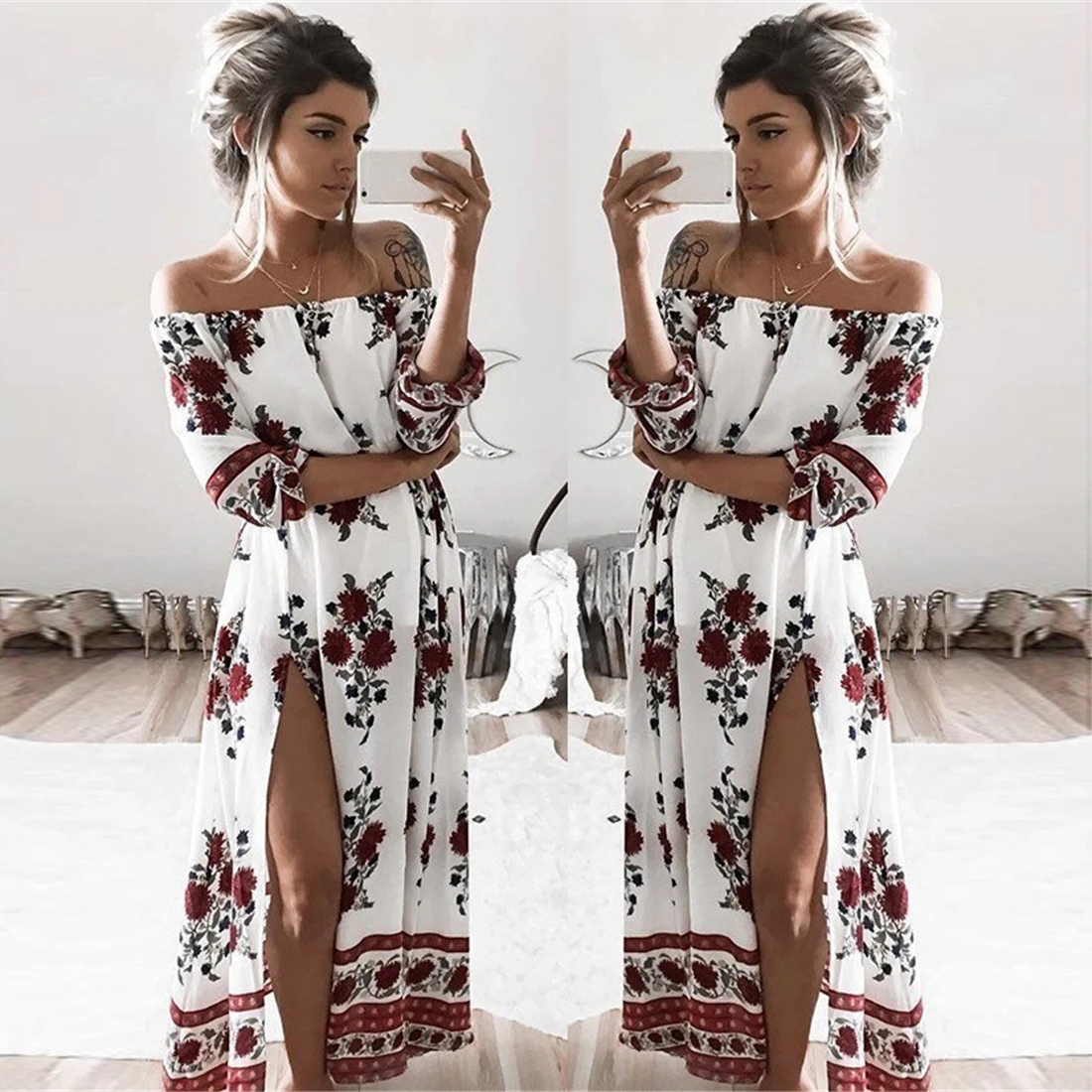 Женское пляжное платье бохо винтажное с цветочным принтом открытыми плечами