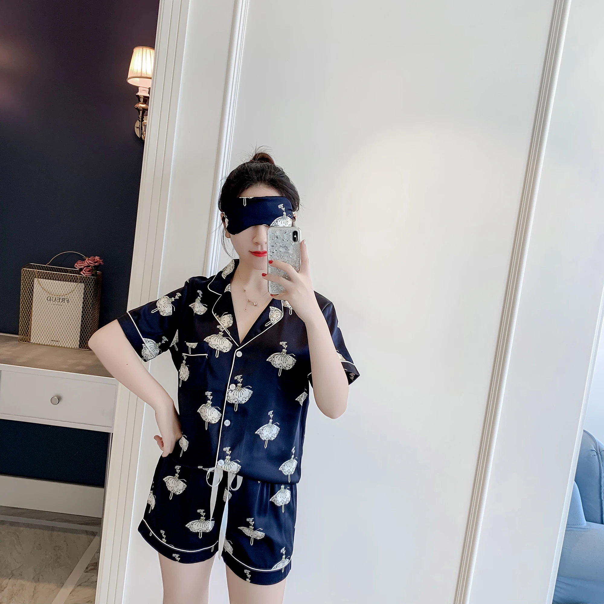 2019 летняя новая модная женская пижама с отложным воротником одежда для сна