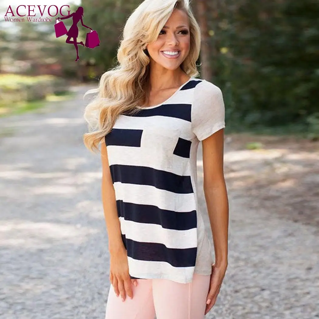 В полоску Повседневное передний карман широкий Для женщин плюс короткий рукав
