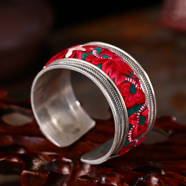 Восточные китайские вышитые заклепки удачи с широким 100/% серебряным браслетом