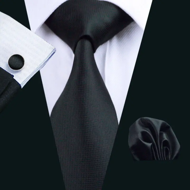 

LS-251 Men`s Tie Black Solid 100% Silk Jacquard Woven Tie Hanky Cufflink Set For Men Formal Wedding Party Business Free Postage