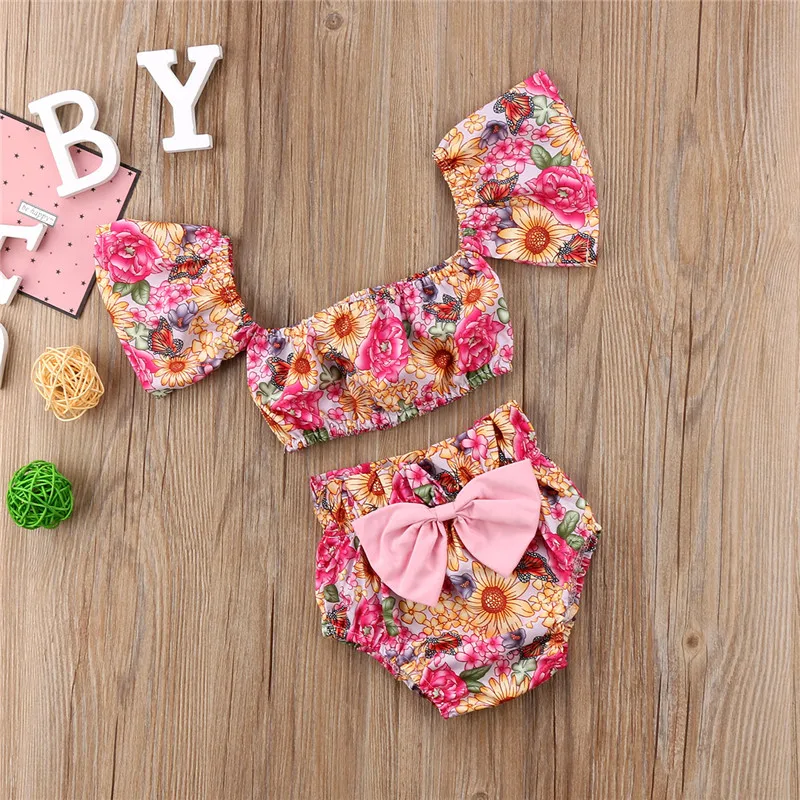 

Princess Newborn Baby Girls Clothes Set 2018 Fashion Baby Girl Flower Off-shoulder Tops T-shirt+Shorts 2pcs Outfit Baby Clothing