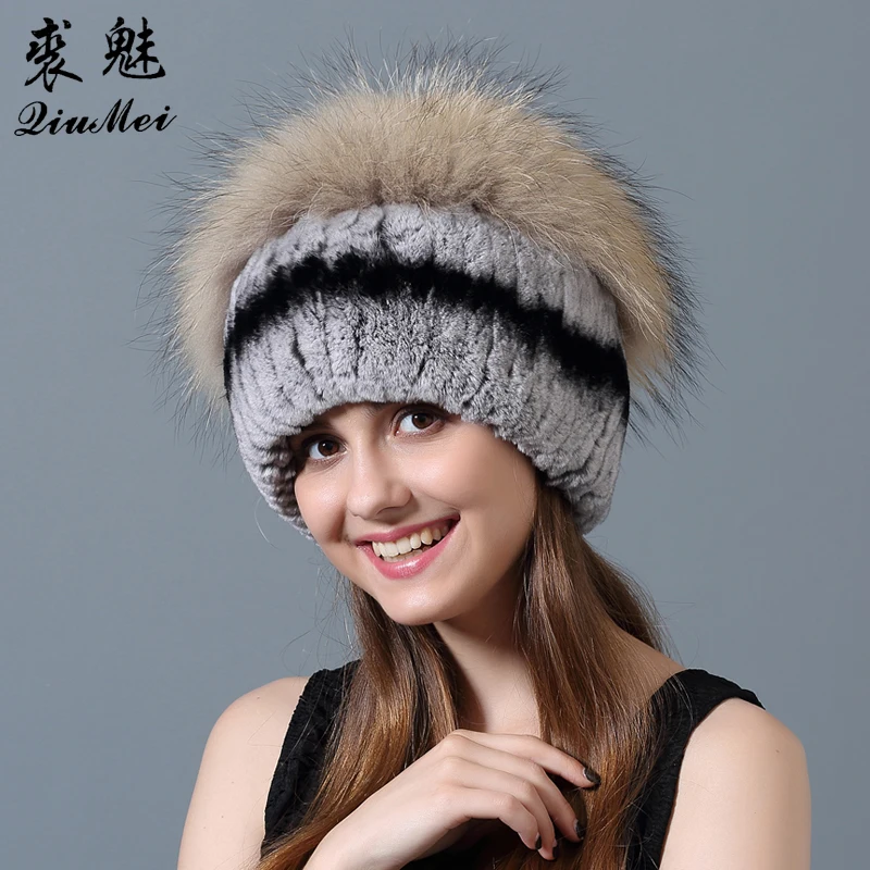 Женские меховые шапки QiuMei с помпонами из натурального меха лисы вязаные для