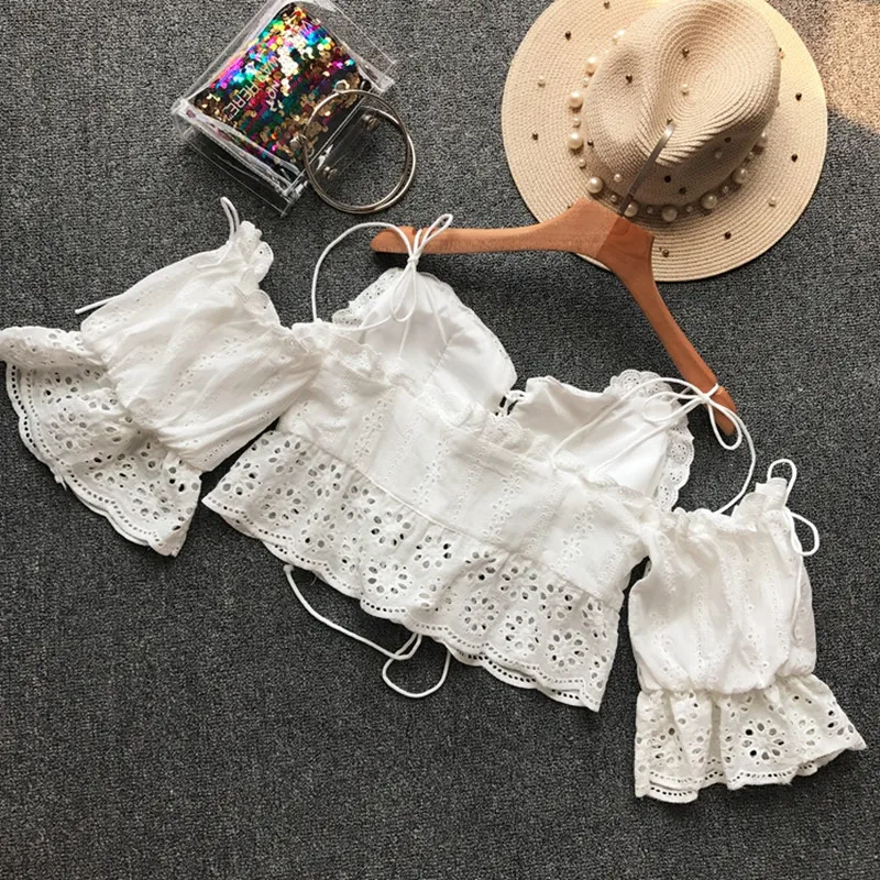 Summer Vacation Short Boho Chic Top 2019 Sexy Off Shoulder Strapless White Hollow Out Lace Blouses Womens Crop | Женская одежда