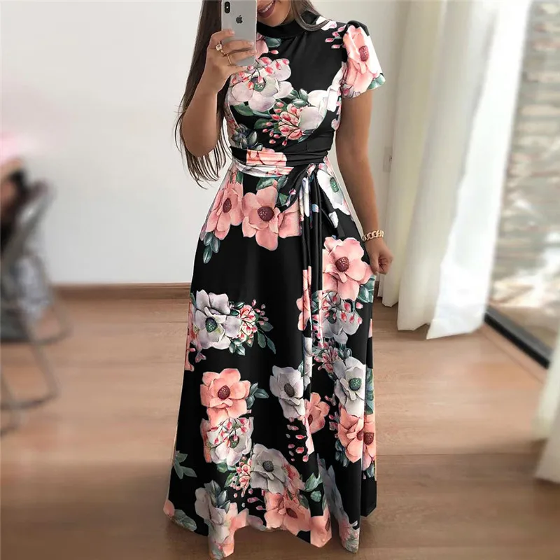 Женское летнее платье 2019 повседневное с коротким рукавом длинное Бохо цветочный